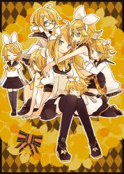 Rule 34 | age comparison, aged down, aged up, blonde hair, blue eyes, blush, bow, cardigan, child, crying, glasses, hair bow, hair ornament, hair ribbon, hairclip, headset, holding hands, hug, kagamine rin, kagamine rin (append), lap pillow, long hair, multiple girls, multiple persona, one side up, pleated skirt, ponytail, ribbon, sailor collar, school uniform, short hair, shorts, sitting, skirt, sleeping, smile, tears, thighhighs, time paradox, vocaloid, vocaloid append, x hair ornament, yellow background, yoshiki