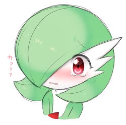 Rule 34 | 1girl, blush, bob cut, colored skin, creatures (company), embarrassed, female focus, flat chest, game freak, gardevoir, gen 3 pokemon, green hair, green skin, hair over one eye, japanese text, lotosu, multicolored skin, nintendo, nose blush, open mouth, pokemon, pokemon (creature), short hair, simple background, sketch, solo, tears, translated, two-tone skin, upper body, wavy mouth, white background, white skin, wide-eyed