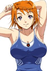 Rule 34 | 00s, ahoge, armpits, blue one-piece swimsuit, breasts, huge breasts, my-hime, my-otome, nigou, one-piece swimsuit, orange hair, purple eyes, short hair, solo, swimsuit, tokiha mai