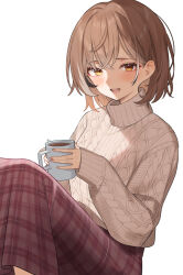 Rule 34 | 1girl, :d, absurdres, aotake iro, aran sweater, black hair, blush, brown eyes, brown hair, brown skirt, cable knit, cup, grey hair, hair between eyes, highres, holding, holding cup, hololive, hololive english, knees up, looking at viewer, mug, multicolored hair, nail polish, nanashi mumei, open mouth, pink nails, plaid, plaid skirt, simple background, sitting, skirt, smile, solo, steam, streaked hair, sweater, teeth, turtleneck, turtleneck sweater, upper teeth only, virtual youtuber, white background, white sweater