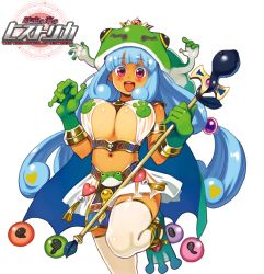 Rule 34 | 1girl, animal costume, blue hair, blush, bouncing breasts, breasts, cane, cape, covered erect nipples, flippers, frog costume, gloves, green gloves, hat, holding, jikuu no umi no historica, large breasts, legs up, light blue hair, long hair, navel, open mouth, round teeth, ryoji (nomura ryouji), simple background, solo, teeth, thighhighs, underboob, white background, white thighhighs