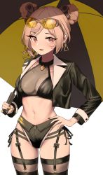 Rule 34 | 1girl, 360 (taiyo360), :d, absurdres, black jacket, black nails, black ribbon, black shorts, black thighhighs, breasts, brown hair, cleavage, collarbone, cowboy shot, crop top, cropped jacket, double bun, earrings, eyewear on head, garter straps, girls&#039; frontline, hair bun, hand on own hip, highres, holding, holding umbrella, jacket, jewelry, long sleeves, looking at viewer, medium breasts, nail polish, navel, open clothes, open jacket, open mouth, over-rim eyewear, p90 (girls&#039; frontline), panties, photoshop (medium), race queen, red eyes, ribbon, semi-rimless eyewear, short hair, short shorts, shorts, side-tie panties, simple background, smile, solo, standing, stomach, sunglasses, thighhighs, tinted eyewear, umbrella, underwear, white background, yellow-tinted eyewear, yellow nails