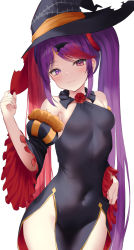 Rule 34 | 1girl, :3, bare shoulders, black dress, black hat, blush, breasts, closed mouth, covered navel, cowboy shot, detached sleeves, dress, fang, fang out, flower, fur-trimmed sleeves, fur trim, hand on headwear, hat, heterochromia, highres, long hair, looking at viewer, misaki (halloween) (princess connect!), misaki (princess connect!), mizuha (pixiv56938668), multicolored hair, pelvic curtain, princess connect!, purple eyes, purple hair, red eyes, red flower, red hair, red rose, rose, sidelocks, simple background, small breasts, smile, solo, swept bangs, torn clothes, twintails, two-tone hair, very long hair, white background, wide sleeves, witch hat
