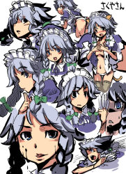 Rule 34 | 1girl, ass, bent over, between fingers, blood, blue eyes, blush, braid, breasts, covering privates, covering breasts, fang, female focus, holding, izayoi sakuya, knife, lowleg, lowleg panties, maid, no bra, open clothes, open shirt, own hands clasped, own hands together, panties, shirt, silver hair, super zombie, suupaa zonbi, tail, thigh gap, thighhighs, thighs, throwing knife, touhou, translation request, twin braids, underwear, weapon, white panties