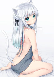 Rule 34 | 1girl, :p, animal ears, aran sweater, ass, backless outfit, bad id, bad pixiv id, bare arms, bare legs, bare shoulders, barefoot, bed sheet, between legs, black bullet, blue eyes, blush, bow, butt crack, cable knit, cat ears, cat girl, cat tail, closed mouth, commentary request, grey background, grey sweater, hair bow, hair bun, hand between legs, long hair, looking at viewer, looking to the side, meme attire, original, side bun, silver hair, single hair bun, single side bun, sitting, smile, soles, solo, sweater, tail, tail raised, tongue, tongue out, twitter username, virgin killer sweater, wariza, yumoran