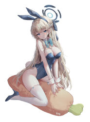 Rule 34 | 1girl, animal ears, bare shoulders, blonde hair, blue archive, blue bow, blue bowtie, blue eyes, blue hair, blue leotard, blush, bow, bowtie, braid, breasts, buttons, carrot, closed mouth, commentary, detached collar, fake animal ears, fake tail, french braid, full body, hair between eyes, hair bow, halo, high heels, highres, large breasts, leotard, long hair, looking at viewer, multicolored hair, official alternate costume, playboy bunny, rabbit ears, rabbit tail, shiro albino, sidelocks, simple background, sitting, solo, straddling, strapless, strapless leotard, streaked hair, stuffed carrot, tail, thighhighs, toki (blue archive), toki (bunny) (blue archive), white background, white thighhighs, wing collar