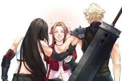 Rule 34 | 1boy, 2girls, aerith gainsborough, angerykacchan, arm grab, arm guards, armor, back, black hair, blonde hair, brown hair, cloud strife, elbow gloves, final fantasy, final fantasy vii, final fantasy vii remake, from behind, gauntlets, gloves, heart, highres, jacket, long hair, low-tied long hair, multiple girls, muscular, muscular female, red jacket, shoulder armor, sleeveless, sleeveless turtleneck, sparkle, spiked hair, suspenders, sword, tifa lockhart, turtleneck, weapon, weapon on back