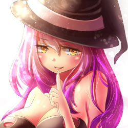 Rule 34 | 1girl, arumi m, breasts, cleavage, halloween, hat, large breasts, pink hair, solo, upper body, witch, witch hat, yellow eyes