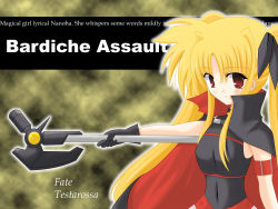 Rule 34 | 00s, 1girl, axe, bardiche (assault form) (nanoha), bardiche (nanoha), black gloves, blonde hair, cape, character name, close-up, copyright name, covered navel, fate testarossa, fate testarossa (lightning form), gloves, hair ribbon, highres, holding, holding weapon, long hair, looking at viewer, lyrical nanoha, mahou shoujo lyrical nanoha, outstretched arm, polearm, red eyes, ribbon, skin tight, solo, twintails, upper body, very long hair, wallpaper, weapon