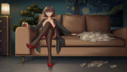 Rule 34 | 1girl, banknote, black robe, black thighhighs, blue eyes, breasts, brown hair, chong wuxin, couch, crossed legs, cup, drinking glass, female focus, full body, high heels, highres, holding, holding cup, indoors, large breasts, looking at viewer, money, nipples, open clothes, open robe, original, painting (object), pumps, red footwear, robe, shoes, short hair, sitting, solo, stiletto heels, thighhighs