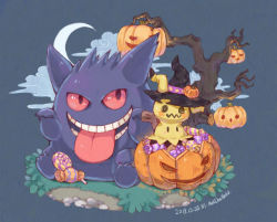 Rule 34 | bare tree, candy, commentary, creatures (company), dated, food, game freak, gen 1 pokemon, gen 7 pokemon, gengar, grass, grey background, halloween, hat, clothed pokemon, jack-o&#039;-lantern, lollipop, looking at viewer, matchaneko, mimikyu, nintendo, pokemon, pokemon (creature), pumpkin, red eyes, rock, signature, simple background, sitting, symbol-only commentary, tongue, tongue out, tree, witch hat