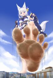 Rule 34 | 1girl, :3, animal ears, aonagi ibane, bad link, barefoot, bell, blue eyes, building, city, cloud, cloudy sky, day, debris, destruction, dirty, dirty feet, dutch angle, feet, fisheye, foot focus, from below, giant, giantess, grey hair, hair bell, hair ornament, happy, highres, imminent stomping, single barefoot, sky, soles, spread toes, standing, standing on one leg, stomping, toes, walking