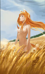 Rule 34 | 1girl, absurdres, animal ear fluff, animal ears, arms at sides, blue sky, blunt bangs, blurry, breasts, commentary, completely nude, convenient censoring, cowboy shot, day, depth of field, floating hair, groin, highres, holo, lips, long hair, looking afar, maf chen, nipples, nude, open mouth, outdoors, profile, red eyes, sidelocks, sky, small breasts, solo, spice and wolf, standing, straight hair, tail, teeth, tsurime, upper teeth only, very long hair, wheat, wheat field, wind, wolf ears, wolf girl, wolf tail
