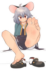 Rule 34 | 1girl, ahoge, animal ears, barefoot, black footwear, black skirt, bloomers, blue capelet, blush, capelet, closed mouth, collared shirt, commentary request, feet, foot focus, foreshortening, full body, greenpiecerice, grey hair, grey vest, hair between eyes, highres, looking at viewer, medium bangs, medium hair, mouse ears, mouse tail, nazrin, red eyes, shirt, shoes, simple background, sitting, skirt, socks, soles, solo, tail, toes, touhou, underwear, unworn shoes, unworn socks, vest, white background, white shirt, white socks