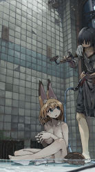 Rule 34 | 1girl, animal ears, blue eyes, breasts, broken, character request, collarbone, completely nude, hands up, holding, holding shower head, i love serval, kemono friends, large breasts, large ears, nipples, nude, oekaki, orange hair, partially submerged, pussy, serval (kemono friends), short hair, shower (place), shower head, sitting, tail, tile wall, tiles, water
