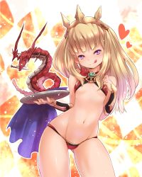 Rule 34 | 10s, 1girl, :q, bare shoulders, blonde hair, cagliostro (granblue fantasy), crown, dragon, eastern dragon, granblue fantasy, heart, highres, long hair, navel, purple eyes, solo, tongue, tongue out, tsukigami chronica