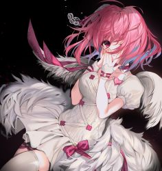 Rule 34 | 1girl, angel wings, arm between breasts, asymmetrical legwear, bad id, bad pixiv id, badge, black background, blue hair, bow, breasts, clothes writing, collarbone, confetti, detached sleeves, dress, dutch angle, english text, eyelashes, falling, feathered wings, gloves, hair blowing, hair bow, hair intakes, hair ornament, hair over one eye, half gloves, hands on own face, heart, highres, idolmaster, idolmaster cinderella girls, large breasts, leg lift, leg ribbon, looking at viewer, messy hair, mismatched legwear, multicolored hair, multiple wings, neck ribbon, one eye closed, parted lips, pink bow, pink eyes, pink hair, pink ribbon, pleated skirt, puffy short sleeves, puffy sleeves, ribbed dress, ribbon, short hair, short sleeves, single thighhigh, skirt, solo, spaghetti strap, tears, thighhighs, two-tone hair, unxi, white dress, white gloves, white thighhighs, white wings, wings, wrist ribbon, yumemi riamu