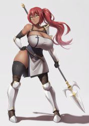 Rule 34 | 1girl, armor, armpits, bare shoulders, black thighhighs, breasts, commentary, commission, dark-skinned female, dark skin, elbow gloves, gloves, hand on own hip, highres, holding, holding polearm, holding spear, holding weapon, huge breasts, original, packge, pink background, polearm, red hair, shadow, side ponytail, simple background, smile, solo, spear, thick thighs, thighhighs, thighs, weapon, yellow eyes, zettai ryouiki