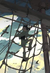 Rule 34 | 1boy, bird, black hair, boots, climbing, gon freecss, highres, hunter x hunter, jacket, long sleeves, looking afar, male focus, mast, mito tomiko, seagull, shade, ship, shorts, solo, spiked hair, watercraft