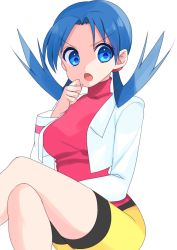 Rule 34 | 1girl, :o, bad id, bad twitter id, bike shorts, black shorts, blue eyes, blue hair, breasts, creatures (company), crossed legs, game freak, highres, jacket, kris (pokemon), long hair, long sleeves, looking at viewer, medium breasts, nintendo, open clothes, open jacket, pokemon, pokemon gsc, red shirt, shirt, short shorts, shorts, shorts under shorts, simple background, sitting, solo, twintails, v-shaped eyebrows, white background, white jacket, yellow shorts, yuihico