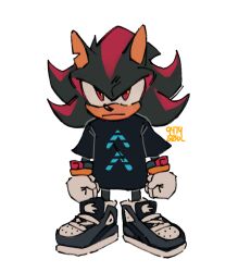 Rule 34 | 1boy, 9474s0ul, alternate costume, animal ears, animal nose, artist name, black shirt, clenched hands, closed mouth, full body, furry, furry male, gloves, looking at viewer, male focus, notched ear, oversized clothes, oversized shirt, print shirt, red eyes, shadow the hedgehog, shirt, shoes, short sleeves, simple background, sneakers, solo, sonic (series), standing, t-shirt, white background, white gloves