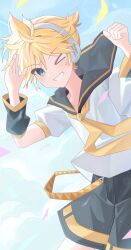 Rule 34 | &gt; o, 1boy, absurdres, anniversary, belt, black sailor collar, black shorts, black sleeves, blonde hair, blue eyes, blue sky, cloud, confetti, detached sleeves, grin, headphones, headset, highres, kagamine len, looking at viewer, male focus, necktie, one eye closed, project sekai, rika (lxveyaq), sailor collar, sailor shirt, shirt, short hair, short ponytail, short sleeves, shorts, sky, smile, vocaloid, yellow belt, yellow necktie