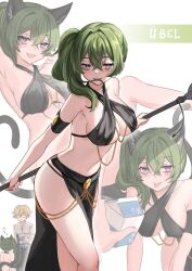 Rule 34 | 1boy, 1girl, adapted costume, animal ears, bare shoulders, biting hair, blush, breasts, cat ears, chain, character name, commentary, criss-cross halter, crossed bangs, curvy, english commentary, feet out of frame, green hair, grin, hair between eyes, hair intakes, halterneck, highres, holding, holding weapon, jitome, land (sousou no frieren), large breasts, long hair, meme attire, milk, multiple views, navel, ponytail, purple eyes, side ponytail, simple background, sketch, smile, sousou no frieren, standing, ten-chan (eternal s), thighs, ubel (sousou no frieren), weapon, white background, yomorio lingerie