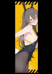Rule 34 | 1girl, absurdres, animal ears, backless leotard, black border, black leotard, black pantyhose, blush, border, breasts, brown hair, collar, detached collar, fake animal ears, fake tail, from side, girls&#039; frontline, hair between eyes, hand out of frame, heart, highres, leotard, long hair, looking at viewer, necktie, open mouth, pantyhose, parody, pillarboxed, playboy bunny, rabbit ears, rabbit hole (vocaloid), rabbit tail, re1kirisaki342, scar, scar across eye, short necktie, sideboob, simple background, small breasts, smile, sweat, tail, ump45 (girls&#039; frontline), white collar, yellow background, yellow eyes, yellow necktie
