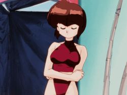 Rule 34 | 1990s (style), 1girl, animated, animated gif, bare arms, barefoot, bob cut, breasts, brown eyes, brown hair, curvy, female focus, matching hair/eyes, one-piece swimsuit, backless swimsuit, ranma 1/2, retro artstyle, screencap, sideboob, solo, spinning, swimsuit, tendou nabiki