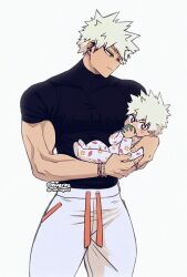 Rule 34 | 2boys, baby, bakugou katsuki, boku no hero academia, bracelet, dimples, ear piercing, father and son, highres, if they mated, jewelry, multiple boys, muscular, muscular male, niverins, piercing, red eyes, white hair