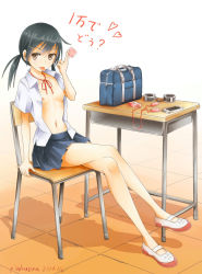 Rule 34 | 1girl, bag, black hair, breasts, brown eyes, cellphone, condom, cuffs, dated, desk, hair ornament, hairclip, handcuffs, highres, iphone, crossed legs, long legs, no bra, open clothes, open shirt, original, phone, pinkuzira, pleated skirt, prostitution, school bag, school uniform, sex toy, shirt, shoes, signature, sitting, skirt, small breasts, smartphone, solo, tongue, tongue out, twintails, uwabaki, vibrator, wrist cuffs