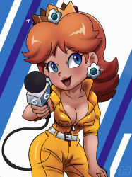 Rule 34 | 1girl, april o&#039;neil, april o&#039;neil (cosplay), blue eyes, breasts, brown hair, cleavage, cosplay, crossover, crown, earrings, flower earrings, grin, highres, jewelry, jumpsuit, lipstick, makeup, mario (series), medium breasts, microphone, nintendo, open mouth, princess daisy, shiny skin, smile, solo, super mario land, teenage mutant ninja turtles, thighs