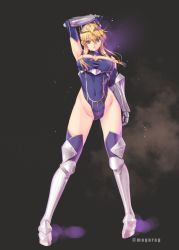 Rule 34 | 1girl, ahoge, arm up, armor, artoria pendragon (fate), artoria pendragon (lancer) (fate), blue leotard, blue thighhighs, breasts, cleavage, covered navel, crown, fate/grand order, fate (series), full body, gauntlets, greaves, grey background, groin, hair between eyes, heattech leotard, highleg, highleg leotard, huge ahoge, kirishima satoshi, large breasts, legs apart, leotard, long hair, open mouth, solo, standing, thighhighs, turtleneck, twitter username