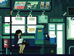 Rule 34 | 1girl, ad, animated, animated gif, arm at side, bench, black footwear, black hair, caution, door, closed eyes, hand grip, long hair, lowres, office lady, original, pixel art, power lines, sitting, solo, sunlight, toyoi yuuta, train interior, utility pole, window
