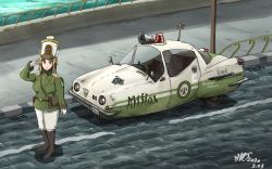Rule 34 | 1girl, aoi waffle, blonde hair, car, green eyes, hat, highres, looking at viewer, mecha, military, military uniform, motor vehicle, original, police car, robot, salute, smile, solo, uniform, vehicle focus