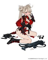 Rule 34 | 1girl, :p, assault rifle, black footwear, black gloves, blue eyes, blush, boots, braid, braided bangs, breasts, cf05 (girls&#039; frontline), china dress, chinese clothes, cleavage, cleavage cutout, clothing cutout, double bun, dress, girls&#039; frontline, gloves, gun, hair bun, hand up, highres, holding, holding gun, holding weapon, large breasts, looking at viewer, luicent, official art, one eye closed, panties, panty straps, red dress, rifle, side-tie panties, simple background, smile, solo, stuffed animal, stuffed panda, stuffed toy, tongue, tongue out, torn clothes, underwear, v, watermark, weapon, white background