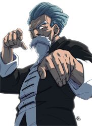 Rule 34 | 1boy, absurdres, beard, black eyes, blue hair, chinese clothes, commentary request, dragon ball, dragon ball (classic), facial hair, fighting stance, from below, highres, jackie chun, liedein, male focus, muten roushi, old, old man, signature, solo, upper body, white background, wrinkled skin