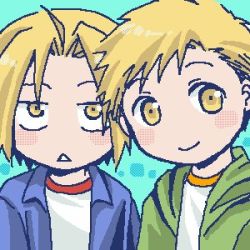Rule 34 | 2boys, aged down, ahoge, alphonse elric, aqua background, arms at sides, black outline, blonde hair, blue shirt, blush stickers, brothers, chestnut mouth, child, close-up, closed mouth, collared shirt, dress shirt, edward elric, facing viewer, fullmetal alchemist, green hoodie, happy, head tilt, hood, hood down, hoodie, jitome, lowres, male focus, multiple boys, no nose, open clothes, open shirt, outline, parted bangs, parted lips, polka dot, polka dot background, shirt, siblings, side-by-side, sideways glance, simple background, smile, swept bangs, tareme, uho (uhoponta), undershirt, upper body, white shirt, yellow eyes