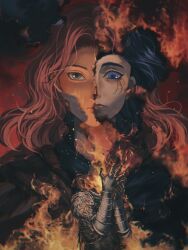 Rule 34 | 1other, 2girls, ambiguous gender, armor, black cape, blue eyes, blue hair, brown hair, cape, closed mouth, colored skin, commentary, elden ring, english commentary, facial tattoo, fire, flaming head, gauntlets, green eyes, grey skin, highres, lips, long hair, looking at viewer, lord of the frenzied flame (elden ring), melina (elden ring), multiple girls, pink lips, ranni the witch, shoulder armor, tarnished (elden ring), tattoo, yujia0412