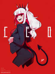 Rule 34 | 1girl, ass, aurahack, black tail, blunt bangs, breasts, business suit, cropped legs, demon girl, demon horns, demon tail, fang, formal, from behind, hairband, helltaker, highres, hime cut, horns, jacket, large breasts, long hair, low-tied long hair, lucifer (helltaker), mole, mole under eye, open clothes, open jacket, open mouth, pants, red background, red eyes, smile, solo, spiked hairband, spikes, suit, tail, tight clothes, tight pants, undressing, white hair, white horns