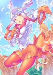 Rule 34 | 10s, 1girl, bird tail, breasts, cloud, day, feathers, forest, gloves, hand on own chest, head wings, highres, japanese crested ibis (kemono friends), kemono friends, midair, mountain, multicolored hair, nature, nib pen (medium), open mouth, outstretched hand, pantyhose, pleated skirt, red gloves, red hair, red pantyhose, red skirt, river, sidelocks, skirt, small breasts, solo, tail, takano itsuki, traditional media, two-tone hair, white hair, wide sleeves, wings, yellow eyes