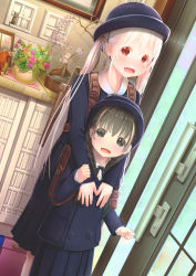 Rule 34 | 2girls, :d, age difference, aiuabo, albino, backpack, bag, black eyes, black hair, blue skirt, blush, braid, buttons, child, clenched hand, commentary request, door, double-breasted, dutch angle, flat chest, flower, grabbing, grabbing another&#039;s breast, hat, height difference, highres, hug, hug from behind, indoors, long hair, long skirt, long sleeves, looking at viewer, multiple girls, navy blue hat, open mouth, original, picture frame, plant, potted plant, red eyes, school uniform, siblings, sidelocks, sisters, skirt, smile, standing, twin braids, twintails, white hair, wisteria
