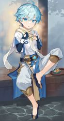 Rule 34 | 1boy, ahoge, blue eyes, blue hair, blush, child, chinese clothes, chongyun (genshin impact), food, genshin impact, gloves, hair between eyes, hair ornament, highres, holding, jewelry, konmamion, long hair, long sleeves, male focus, multiple boys, open mouth, short hair, simple background, smile