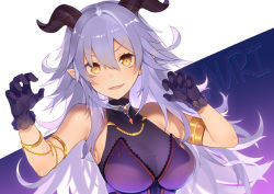 Rule 34 | 1girl, armlet, auri (vtuber), baphomet, black gloves, breasts, character name, choker, claw pose, cleavage, commentary, fang, gloves, goat horns, hair between eyes, halterneck, hase neet, horns, indie virtual youtuber, jewelry, long hair, looking at viewer, medium breasts, pointy ears, purple hair, see-through, solo, upper body, virtual youtuber, yellow eyes