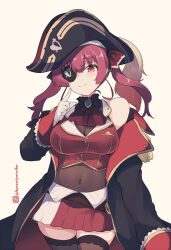 Rule 34 | 1girl, arrow through heart, bare shoulders, bicorne, black coat, black hat, black jacket, breasts, brown background, brown thighhighs, cleavage, closed mouth, coat, covered navel, cropped jacket, eyepatch, hair ribbon, hat, hololive, houshou marine, houshou marine (1st costume), jacket, kuromiya, large breasts, leotard, leotard under clothes, off shoulder, one-hour drawing challenge, open clothes, open coat, pleated skirt, red coat, red eyes, red hair, red jacket, red ribbon, red skirt, ribbon, see-through, see-through cleavage, simple background, skirt, sleeveless, sleeveless jacket, smile, solo, thighhighs, twintails, twitter username, two-sided coat, two-sided fabric, virtual youtuber