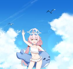 Rule 34 | 1girl, ahoge, angrygentle, bikini, bird, blue-tinted eyewear, blue archive, blue eyes, blue sky, cloud, collarbone, commentary, day, eyewear on head, fang, frilled bikini, frills, hair bobbles, hair ornament, halo, heterochromia, hoshino (blue archive), hoshino (swimsuit) (blue archive), inflatable toy, inflatable whale, long hair, navel, open mouth, outdoors, pink hair, pink halo, seagull, skin fang, sky, solo, swimsuit, tinted eyewear, twintails, waving arm, white bikini, yellow eyes