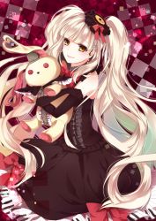 Rule 34 | 1girl, an-mar, blonde hair, bow, doll, dress, elbow gloves, gloves, highres, long hair, looking at viewer, mayu (vocaloid), piano print, smile, solo, stuffed animal, stuffed rabbit, stuffed toy, twintails, usano mimi, very long hair, vocaloid, yellow eyes