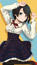 Rule 34 | 1girl, absurdres, black hair, black pantyhose, blue skirt, bow, bowtie, center frills, closed mouth, commentary, frilled shirt, frilled shirt collar, frilled skirt, frills, green eyes, haruno (user ajkf5285), high-waist skirt, highres, hololive, long sleeves, looking at viewer, mary janes, meme attire, oozora subaru, oozora subaru (casual), pantyhose, plaid, plaid skirt, red bow, red bowtie, red footwear, shirt, shoes, short hair, skirt, smile, solo, virgin killer outfit, virtual youtuber, white shirt