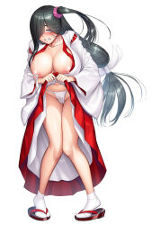 Rule 34 | 1girl, alternate costume, bare legs, black hair, blue eyes, breasts, breasts out, cleavage, clenched teeth, dress shirt, embarrassed, freckles, fundoshi, hair over one eye, high heels, highres, huge breasts, ichimonji meiko, japanese clothes, kimono, lifted by self, lilith-soft, long hair, nipples, official alternate costume, open mouth, purple eyes, shiny clothes, shiny skin, shirt, side ponytail, simple background, solo, standing, sweat, taimanin (series), taimanin rpgx, teeth, thigh gap, underwear, very long hair, wide hips, zol