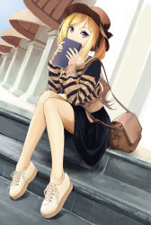 Rule 34 | 1girl, bag, black skirt, blonde hair, book, covering own mouth, fingernails, full body, hair ribbon, handbag, hat, highres, knees together feet apart, legs together, long sleeves, looking at viewer, no socks, original, outdoors, ponytail, purple eyes, ribbon, shoes, shoulder bag, sitting, sitting on stairs, skirt, sneakers, solo, stairs, striped clothes, striped sweater, sweater, ttk (kirinottk)